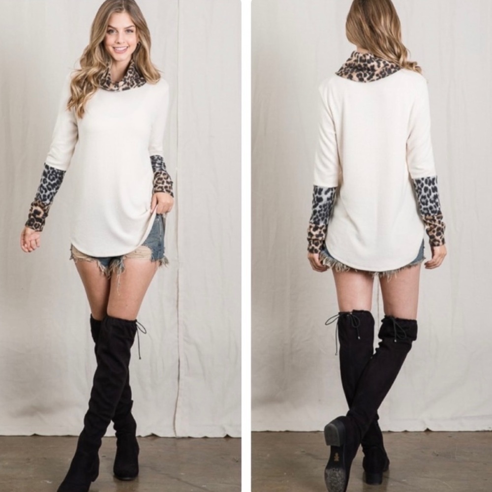 New! Soft Leopard Print Trim Cowl Neckline rounded slit Hemline Top - Picture 13 of 13